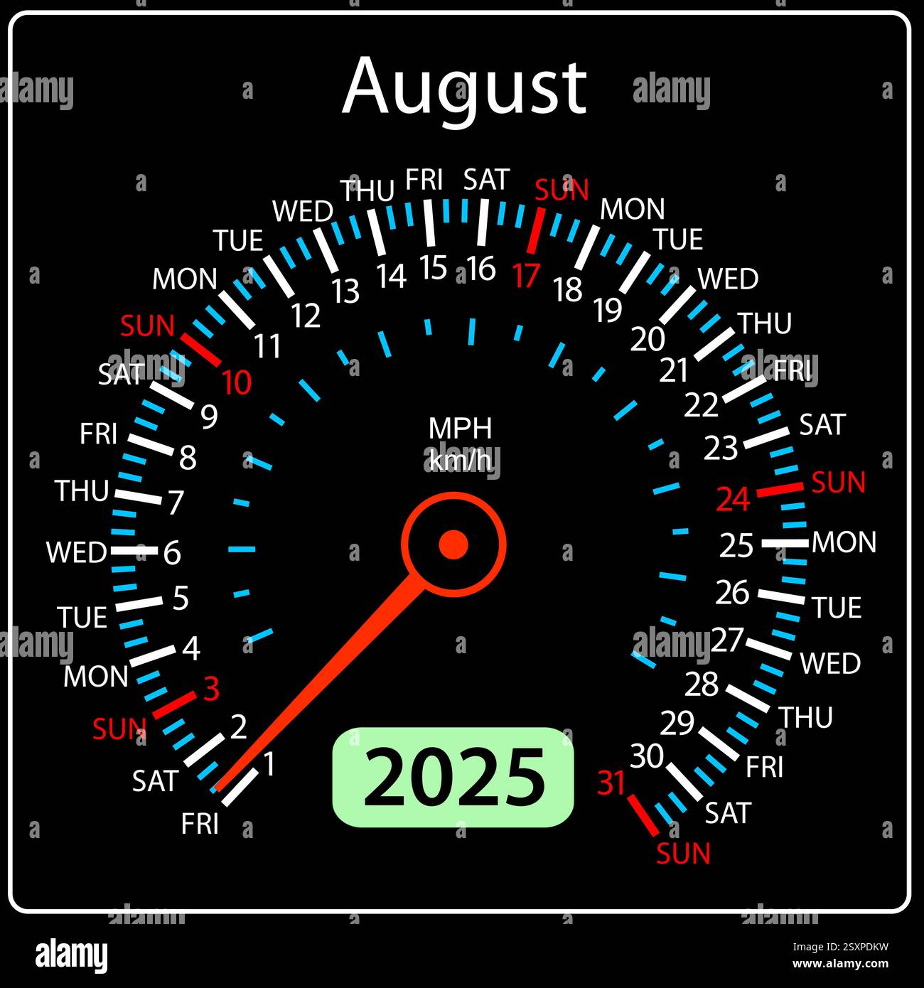 Speedometer in the form of a calendar for 2025 August Stock Vector ...