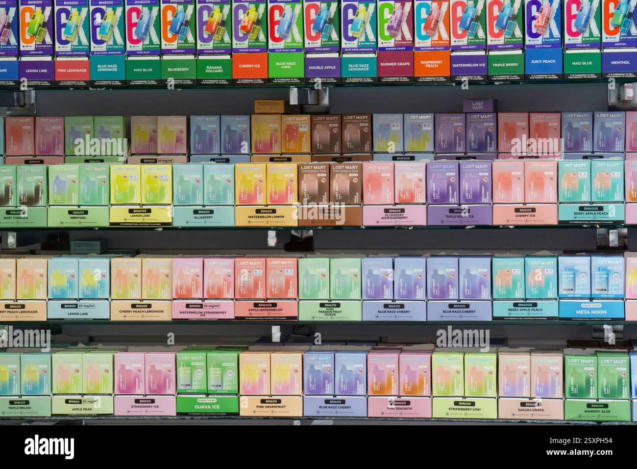 Rows of disposable Lost Mary vapes sold in pastel-coloured packaging and  different flavours. Anna Watson/Alamy Stock Photo - Alamy