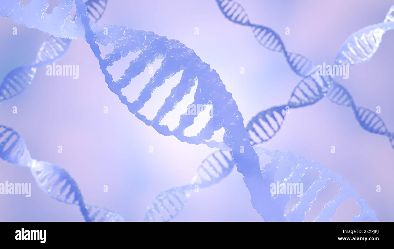 3D render of DNA double helix strands on soft purple background ...