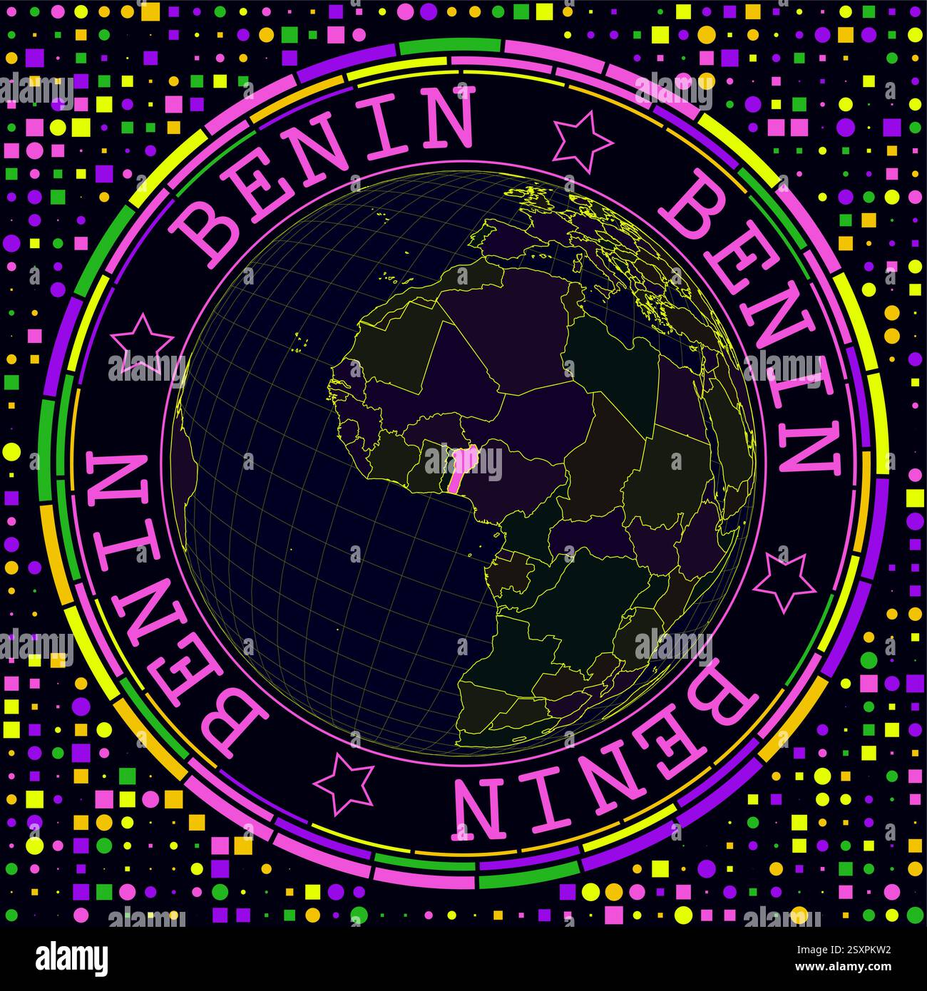Futuristic Benin on globe. Bright neon satellite view of the world centered to Benin. Stock Vector