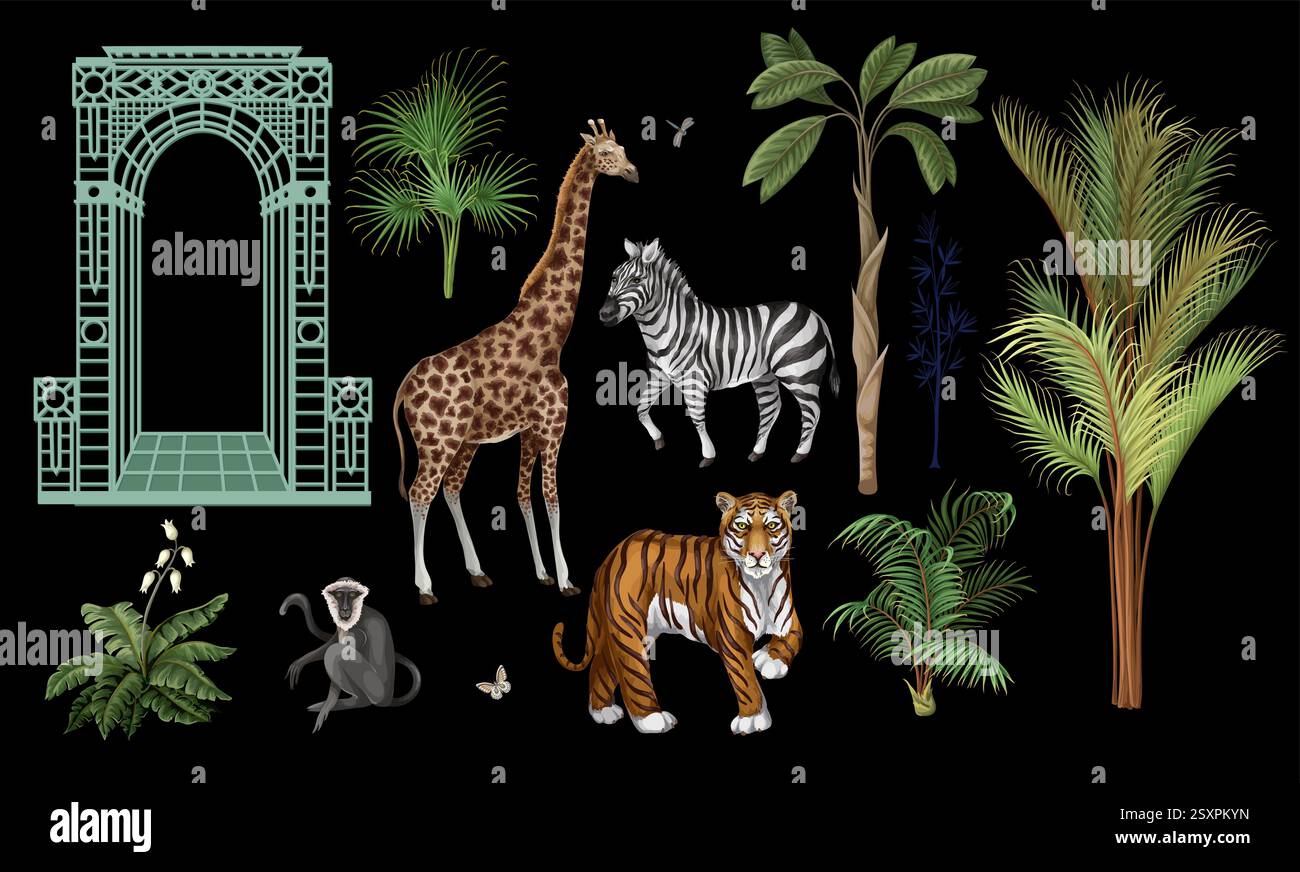 Architectural arch, portal, animals and tropic trees isolated. Vector ...