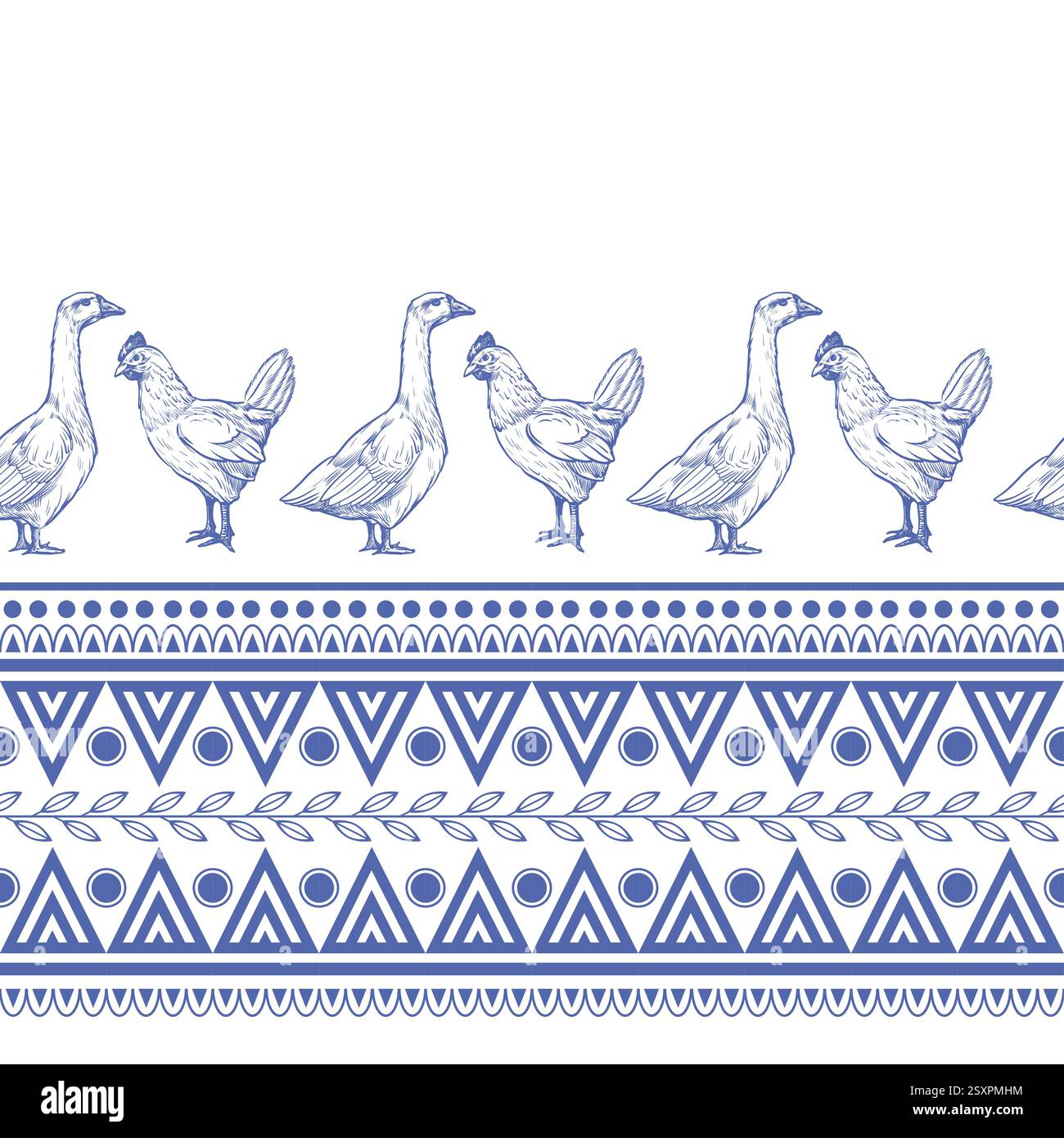 Seamless pattern with chicken, goose and geometrical ornament. Vector. Stock Vector