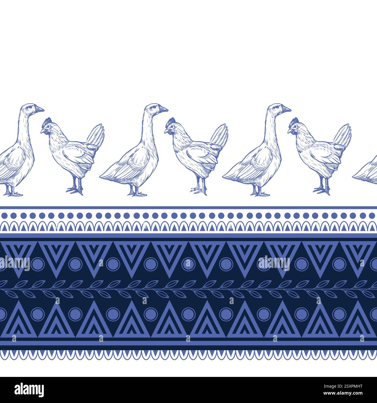 Seamless pattern with chicken, goose and geometrical ornament. Vector. Stock Vector