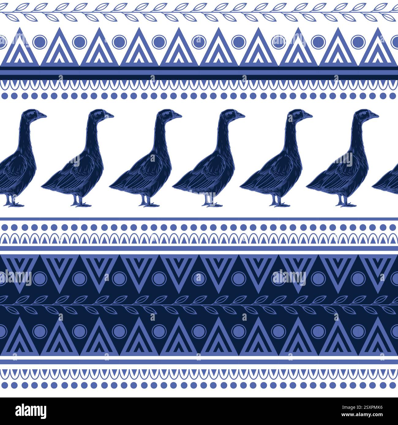 Seamless pattern with chicken, goose and geometrical ornament. Vector. Stock Vector