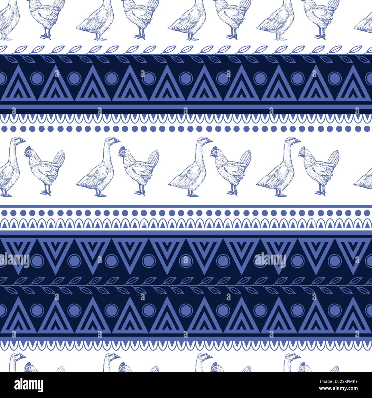 Seamless pattern with chicken, goose and geometrical ornament. Vector. Stock Vector