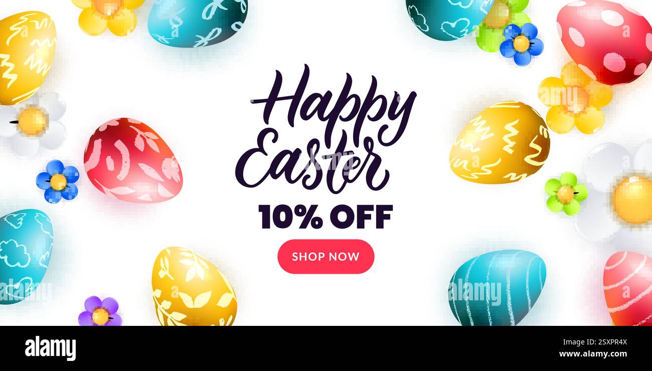 Easter sale banner, poster, greeting card. Colorful 3d eggs, daisy, chamomile flowers frame on white background. Vector holiday illustration with plac Stock Vector