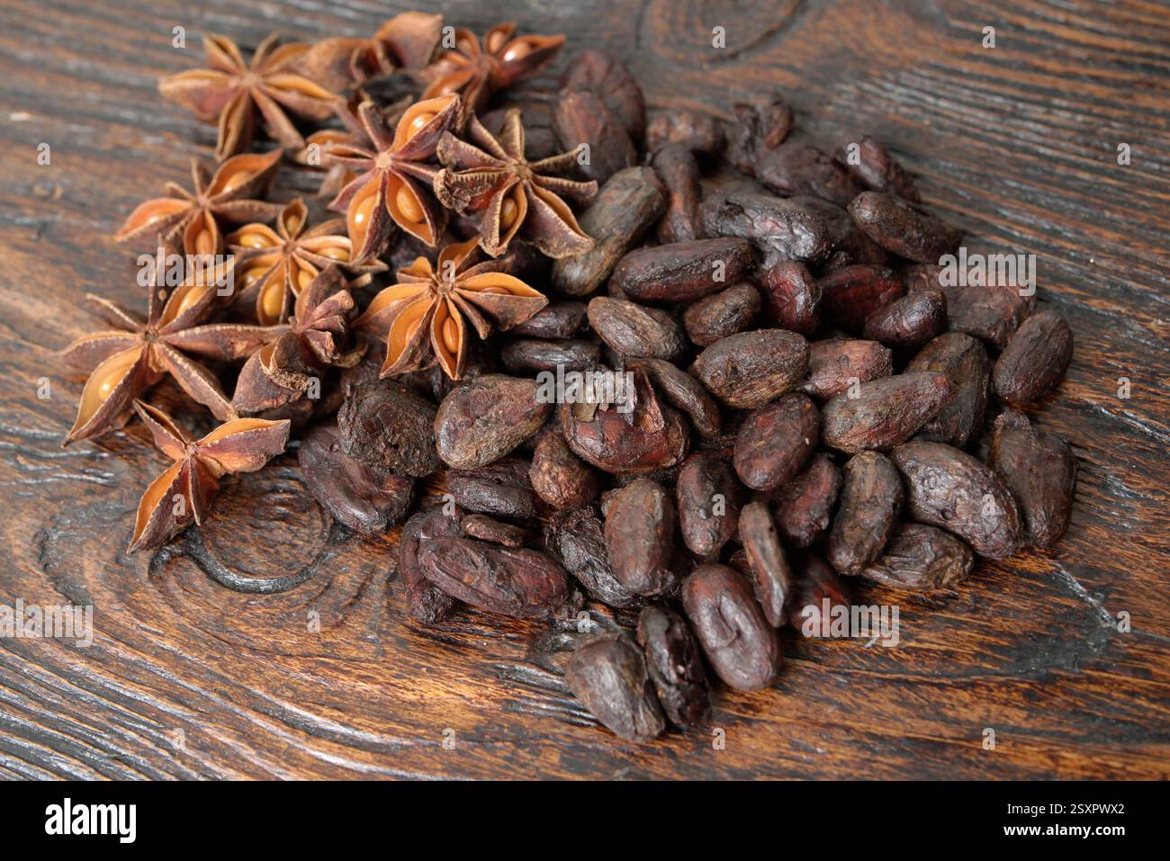 Broken dark chocolate and cocoa beans on the table Stock Photo