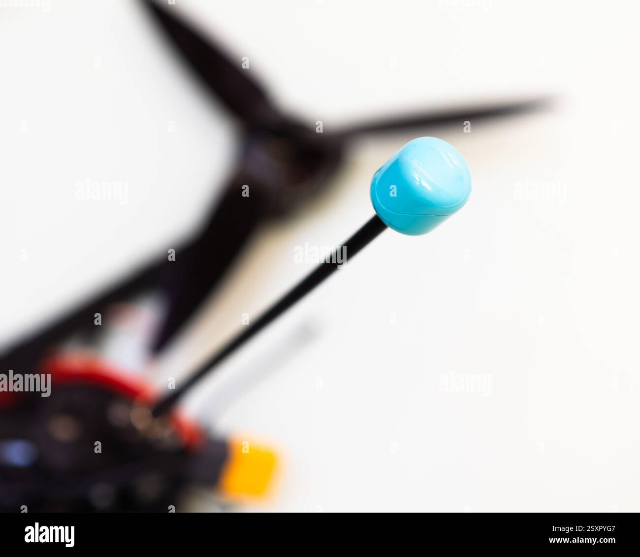 FPV drone in production on white background. Stock Photo