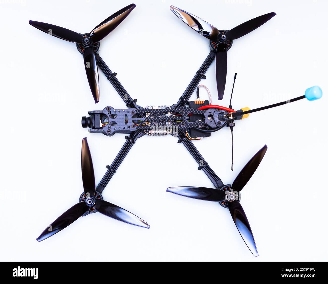 FPV drone in production on white background. Stock Photo