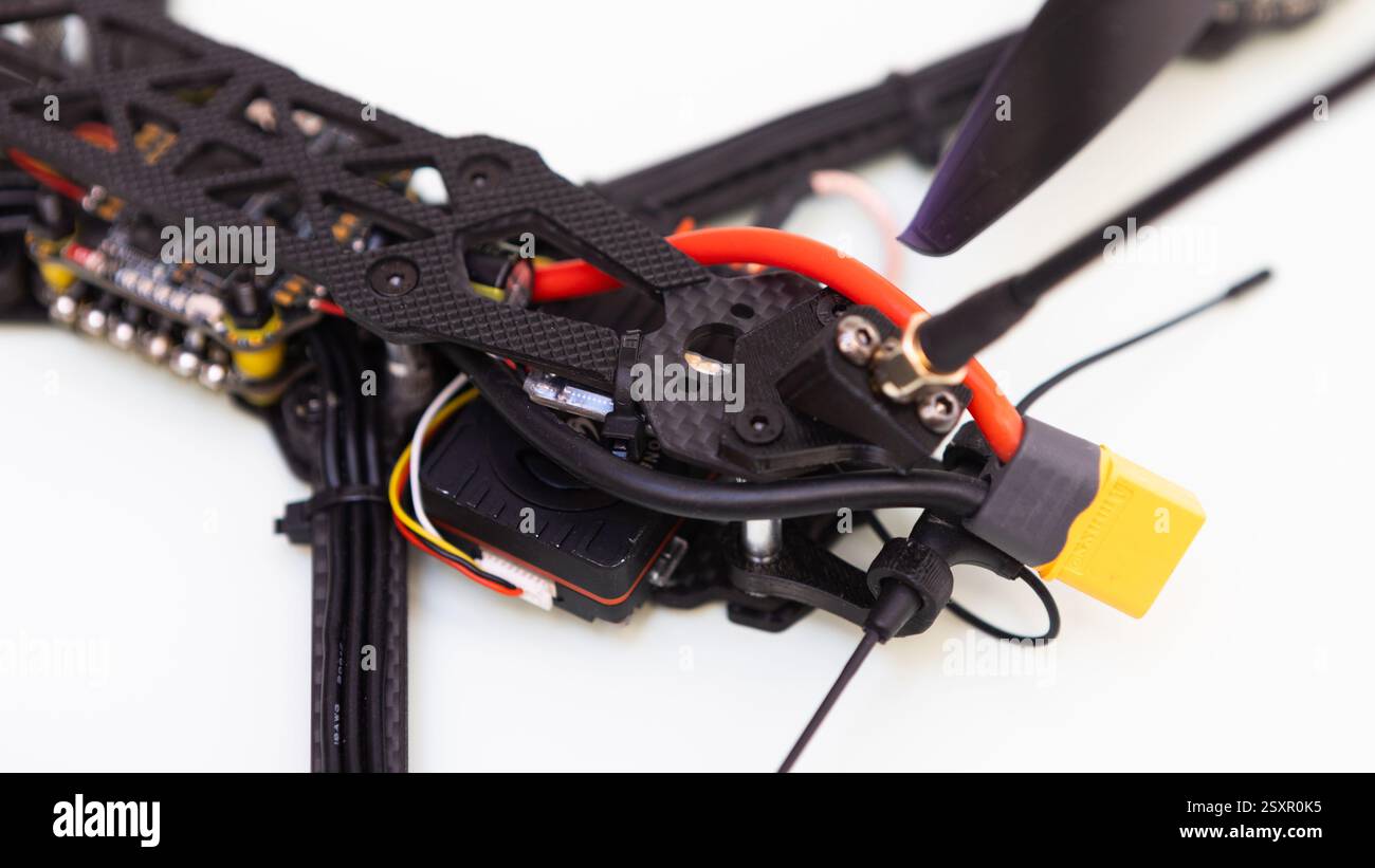 FPV drone in production on white background. Stock Photo