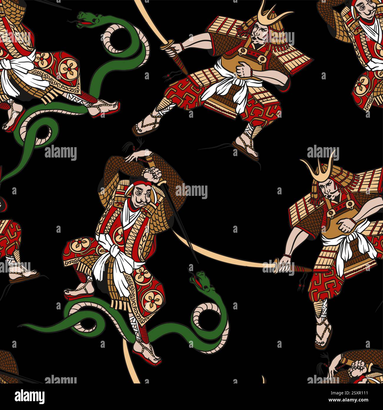 Seamless pattern with samurai in graphic style. Vector. Stock Vector
