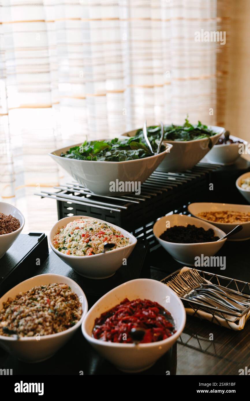 Freshly prepared salad bar featuring a variety of colorful ingredients in a modern setting during daytime Stock Photo