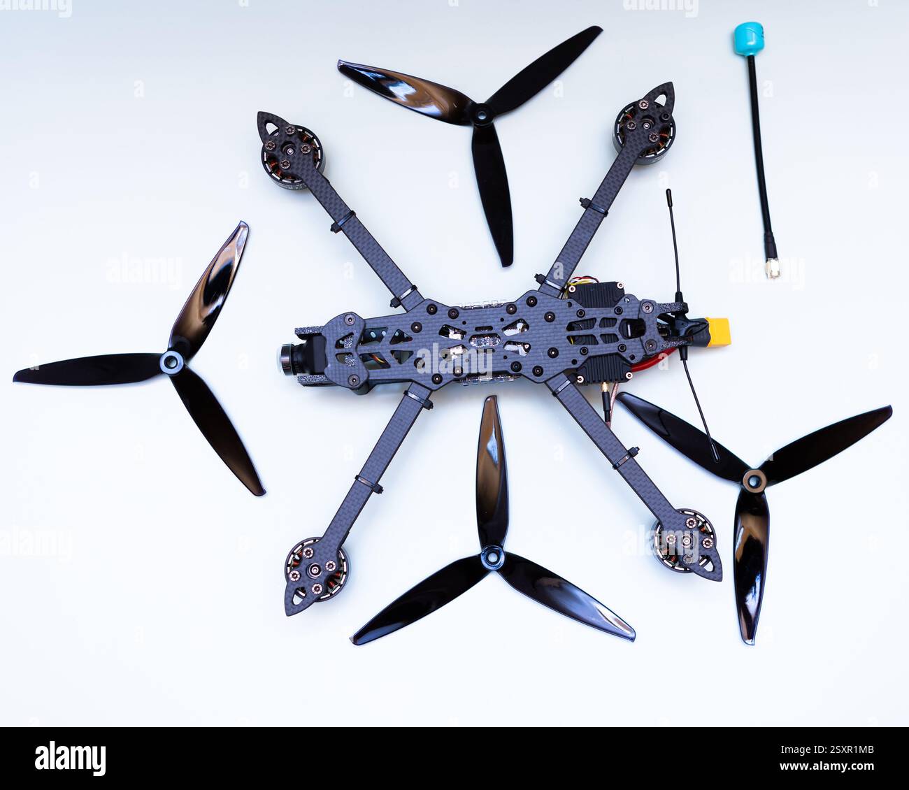 FPV drone in production on white background. Stock Photo