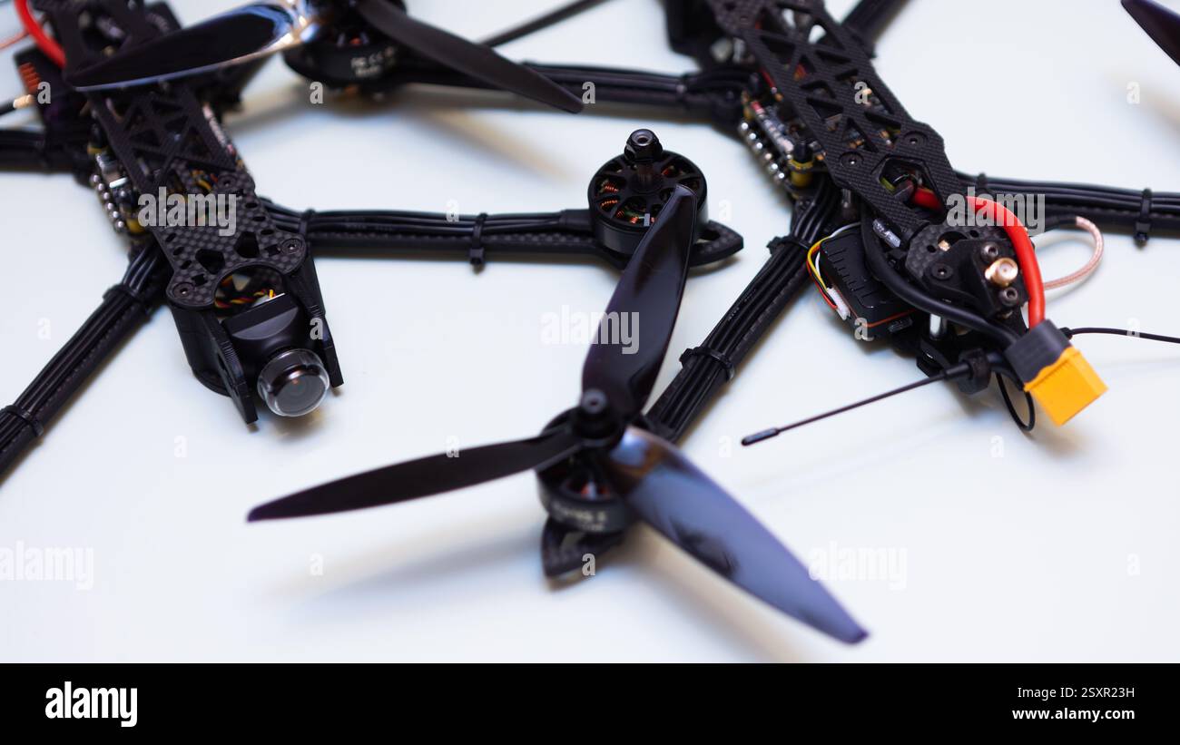 FPV drone in production on white background. Stock Photo