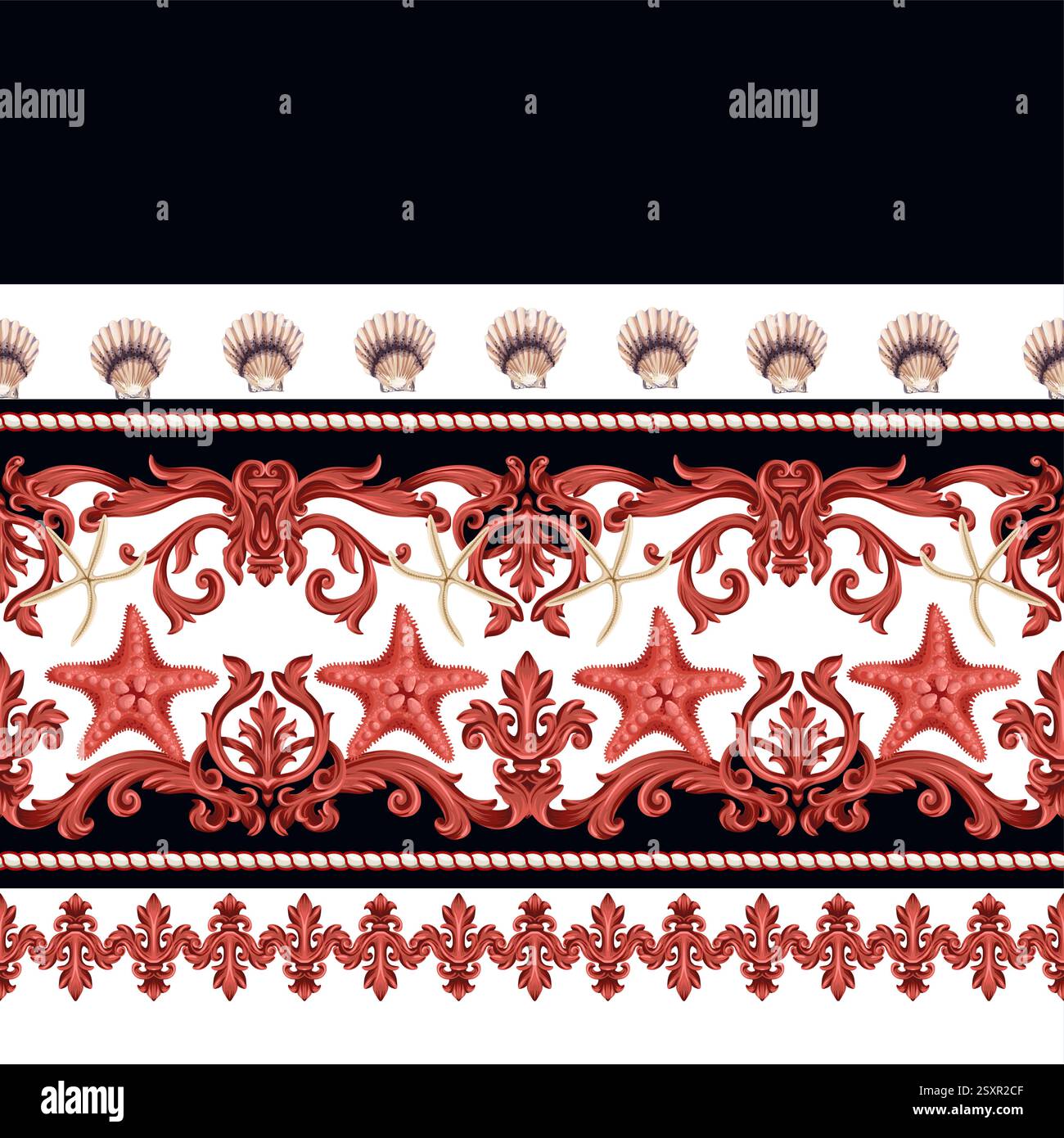 Border with baroque elements, rope, sea stars. Vector. Stock Vector