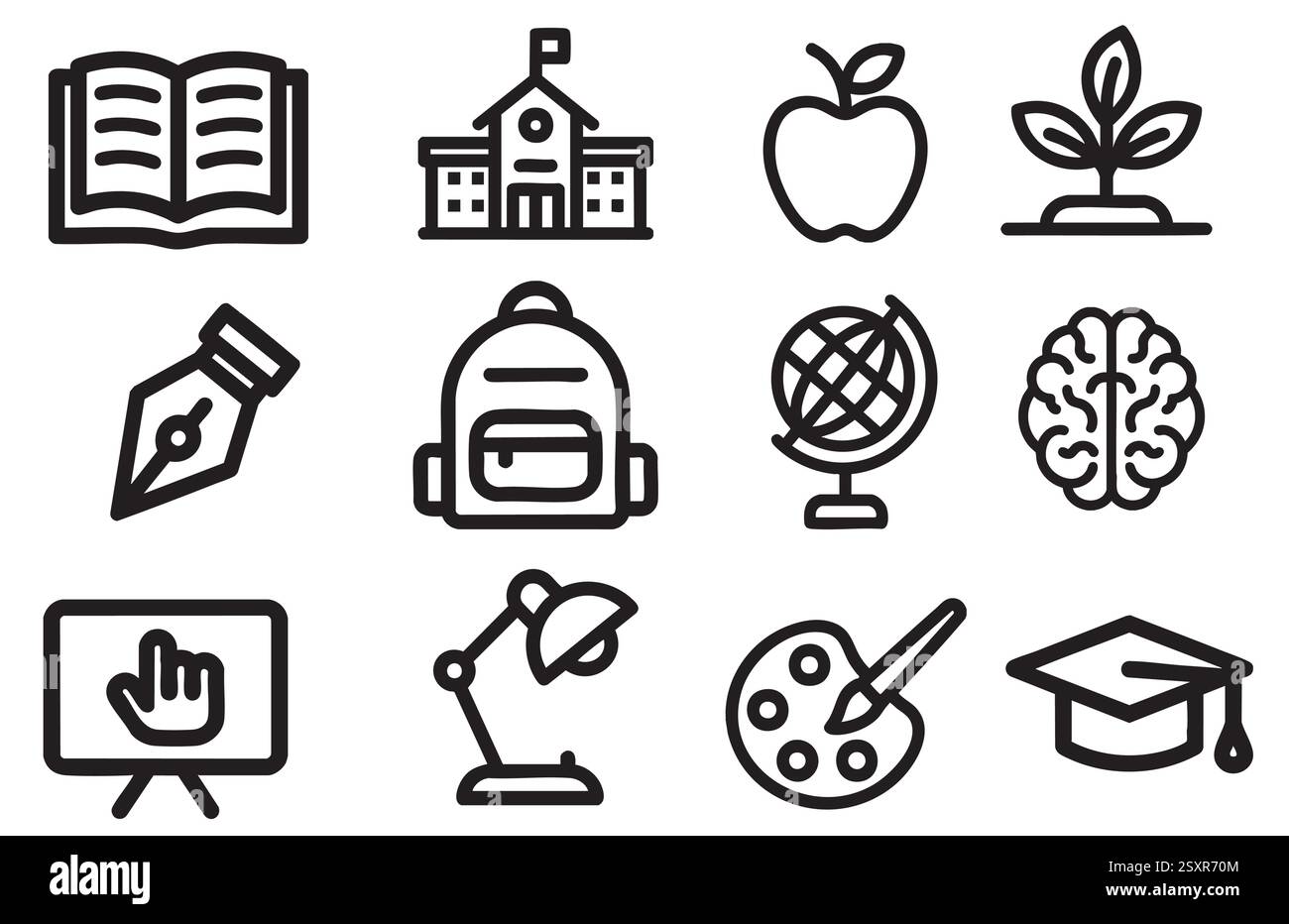 Education school icons set. Open book school building, apple and plant ...