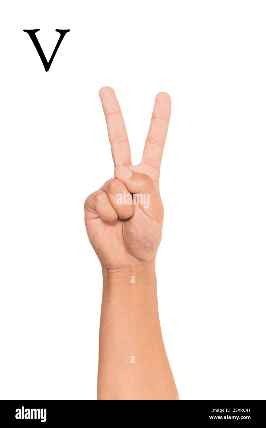 Sign language letter V with white background Stock Photo - Alamy