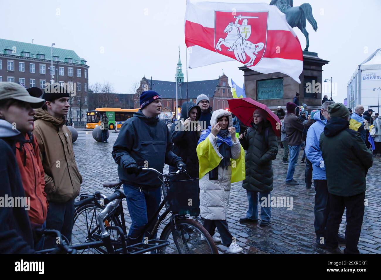 February 24, 2025, Copenhagen, Denmark: People hold Belarusian flag