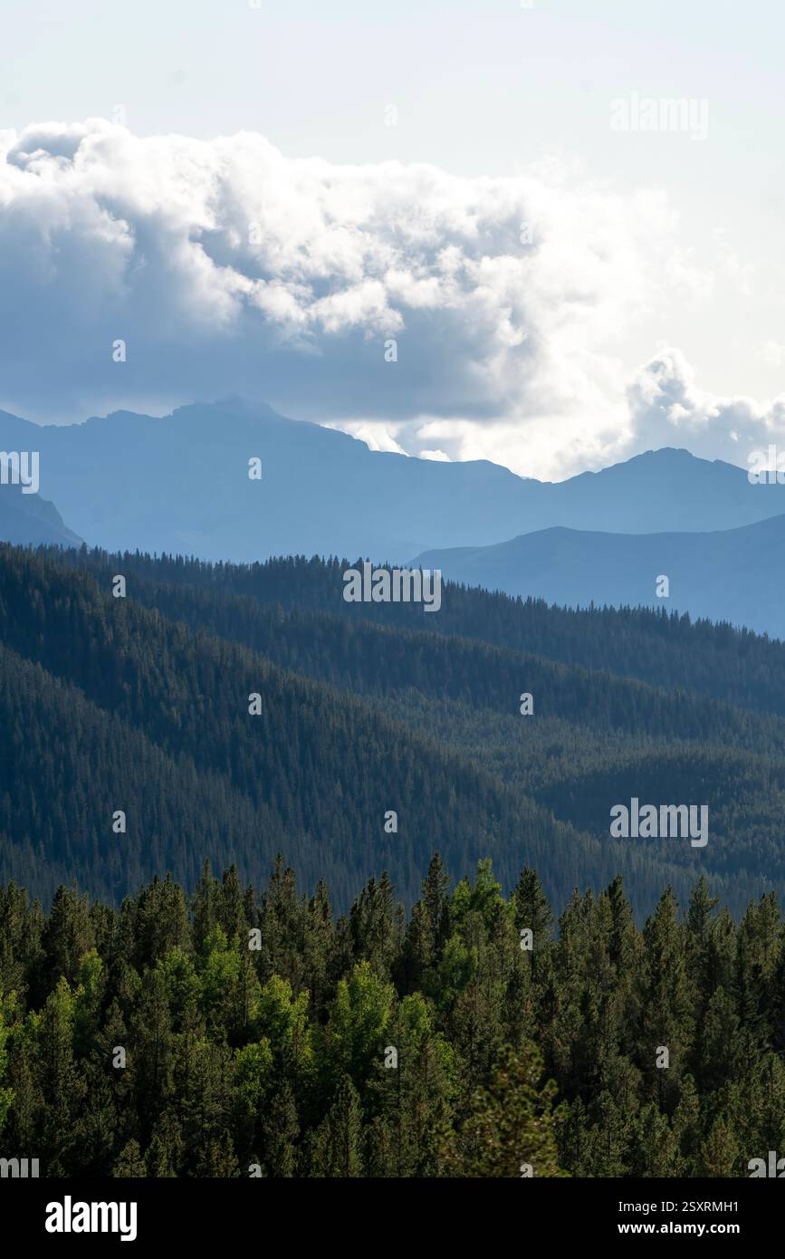 Layers of forested mountains stretching into the distance under a ...