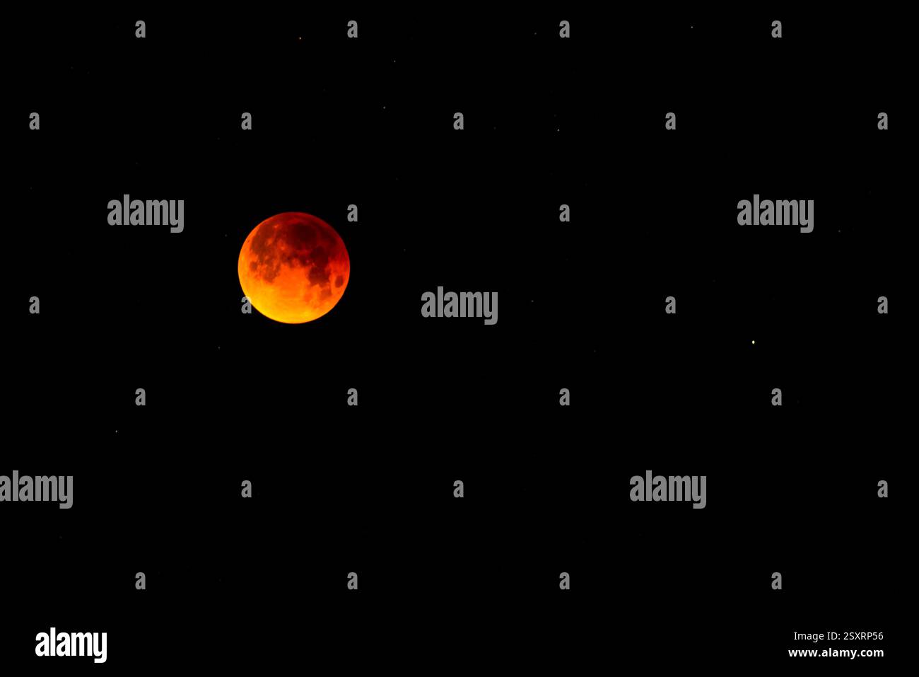 A glowing blood moon during a partial lunar eclipse at night. Stock Photo