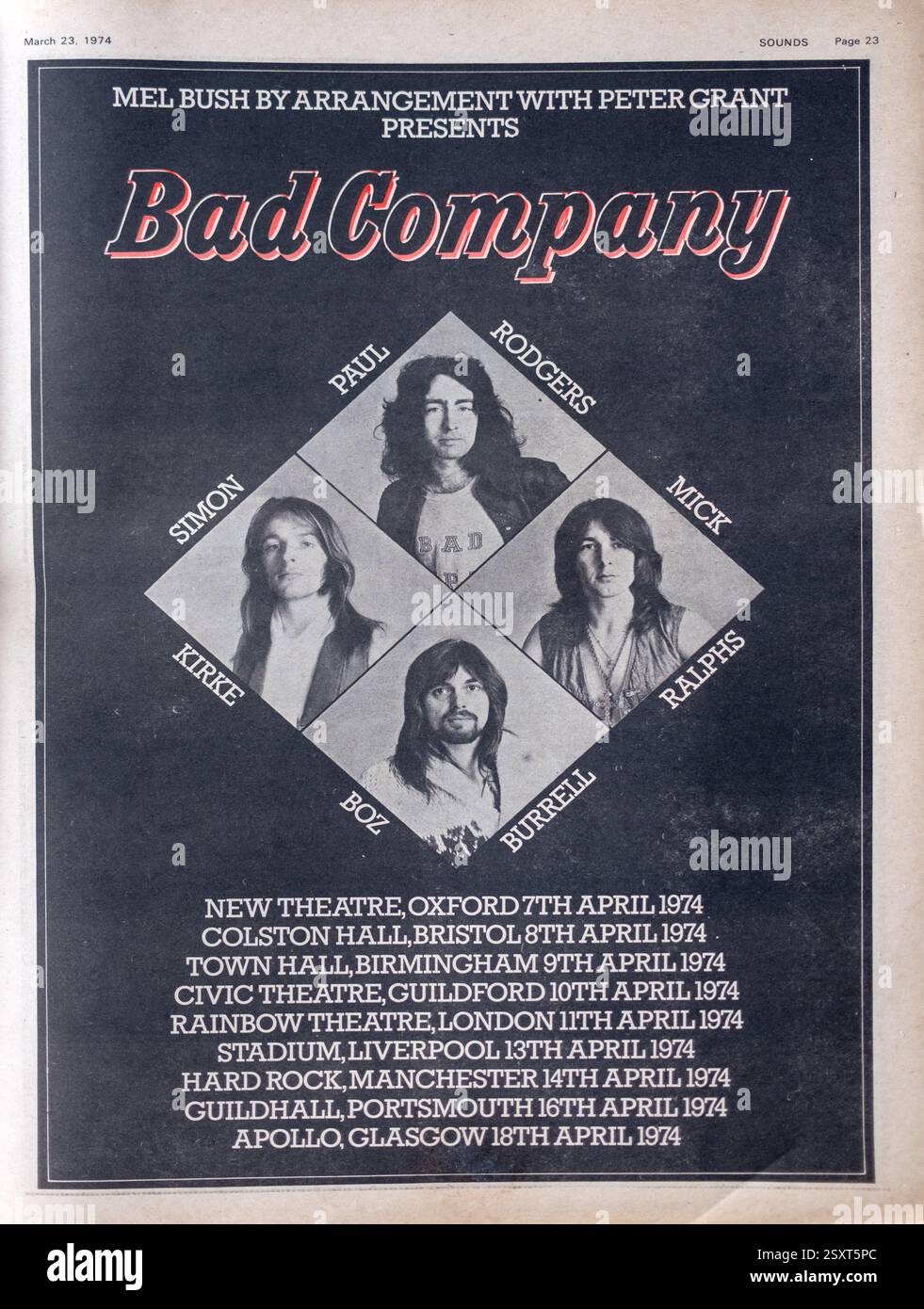 Full Page Advert in a Vintage 1970s Issue of the SOUNDS Rock and Pop Music Paper for the rock group Bad Company on Tour Stock Photo