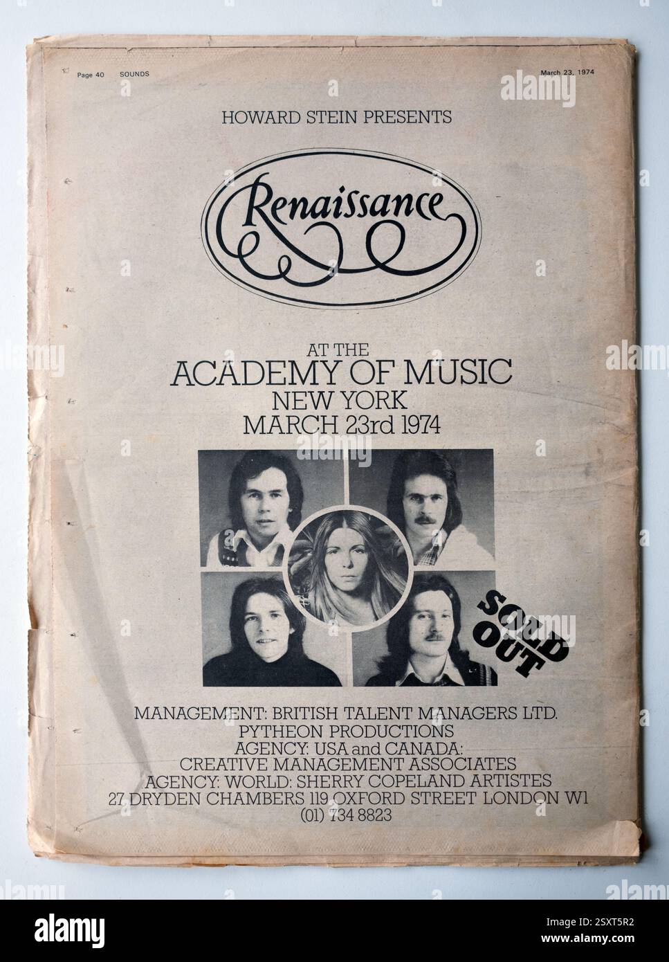 Full Page Advert in a Vintage 1970s Issue of the SOUNDS Rock and Pop Music Paper for the band Renaissance concert at the Academy of Music in New York Stock Photo