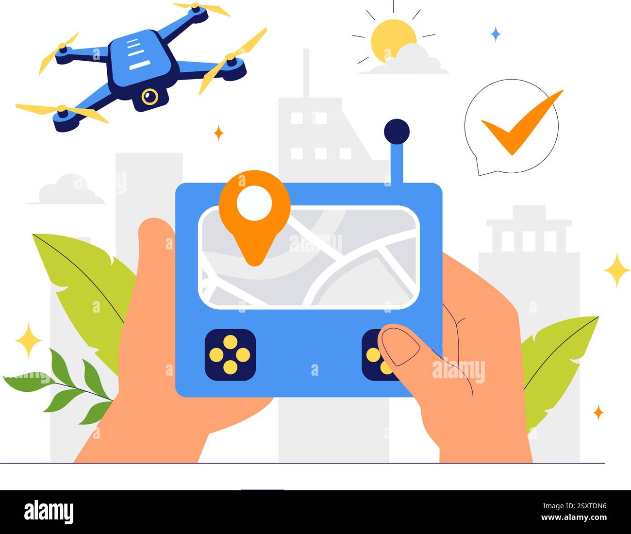 Drone Photography Vector Illustration featuring a Drone with a Remote Control, Capturing Aerial Photos and Videos from Above in a Flat Background Stock Vector