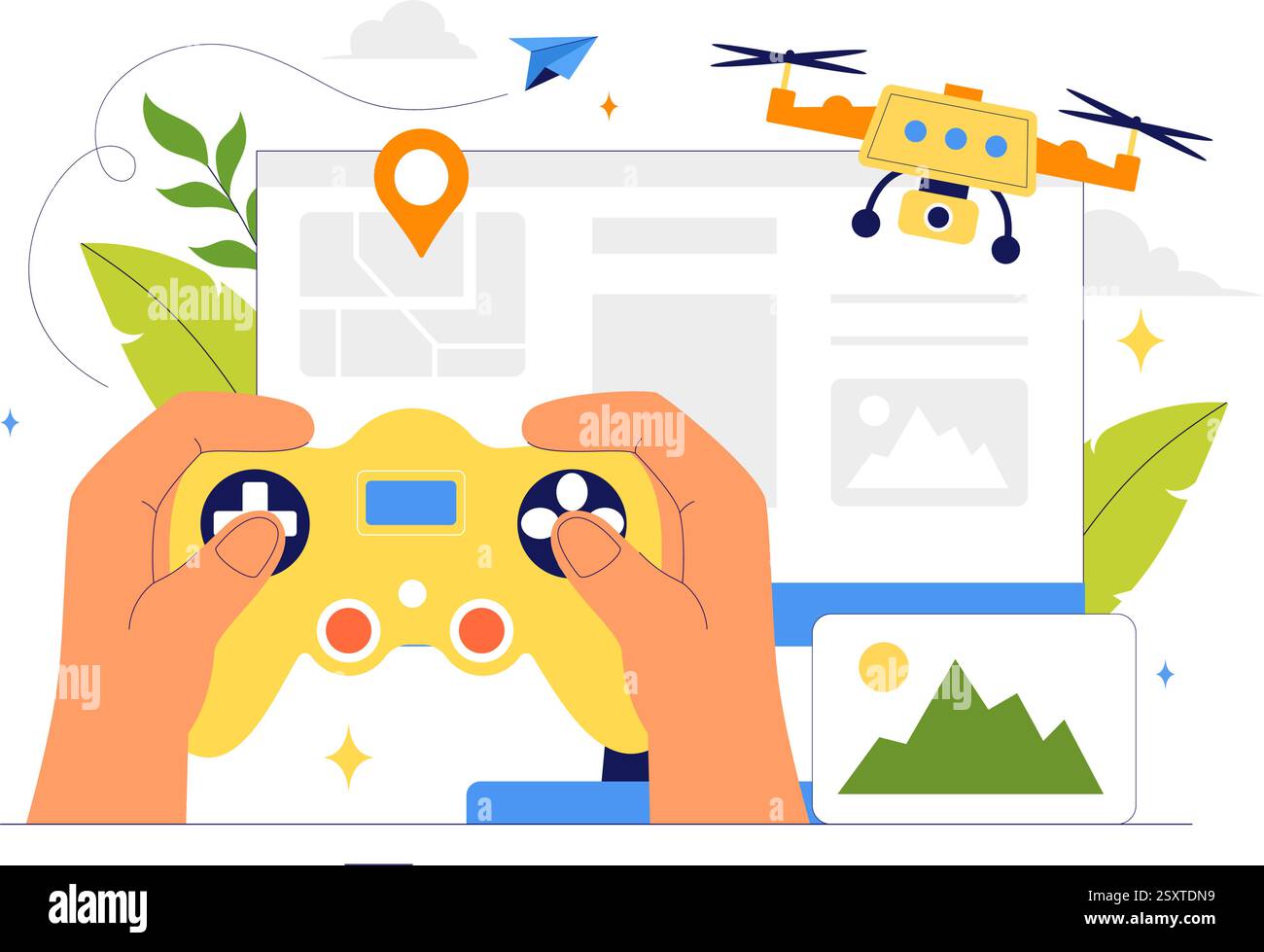 Drone Photography Vector Illustration featuring a Drone with a Remote Control, Capturing Aerial Photos and Videos from Above in a Flat Background Stock Vector