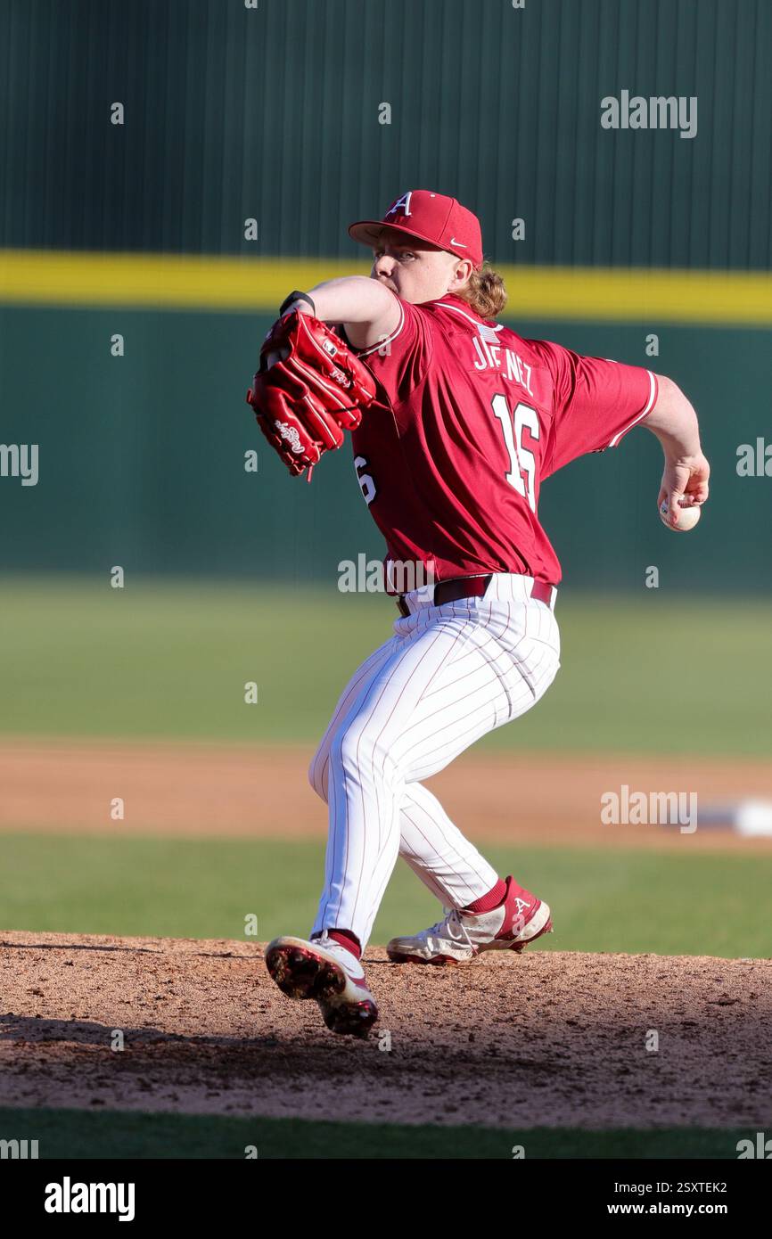 February 25, 2025: Arkansas pitcher Aiden Jimenez (16) in action on the ...