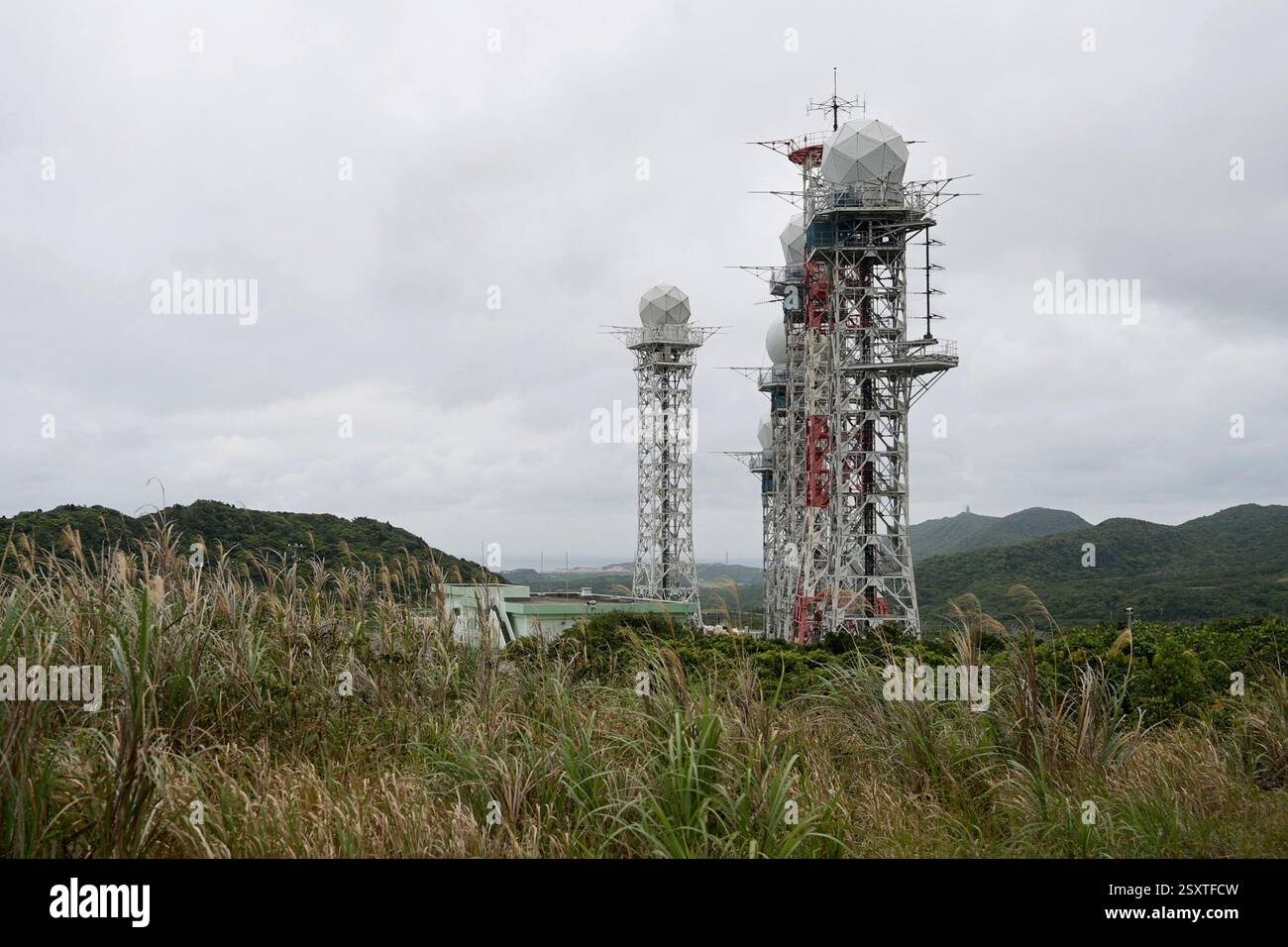 Radar towers set up by the Japan Self-Defense Forces (JSDF) stand on ...