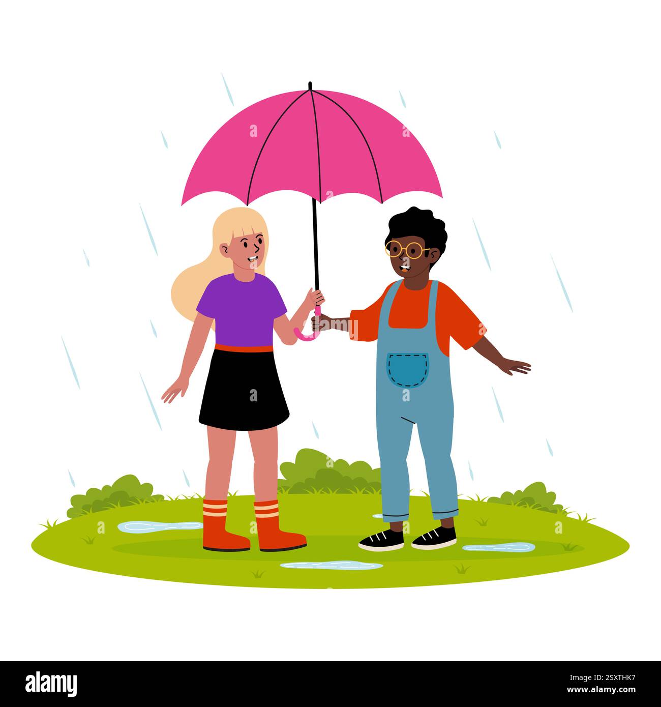 Friends sharing an umbrella during a rainy day while standing in a grassy area Stock Vector