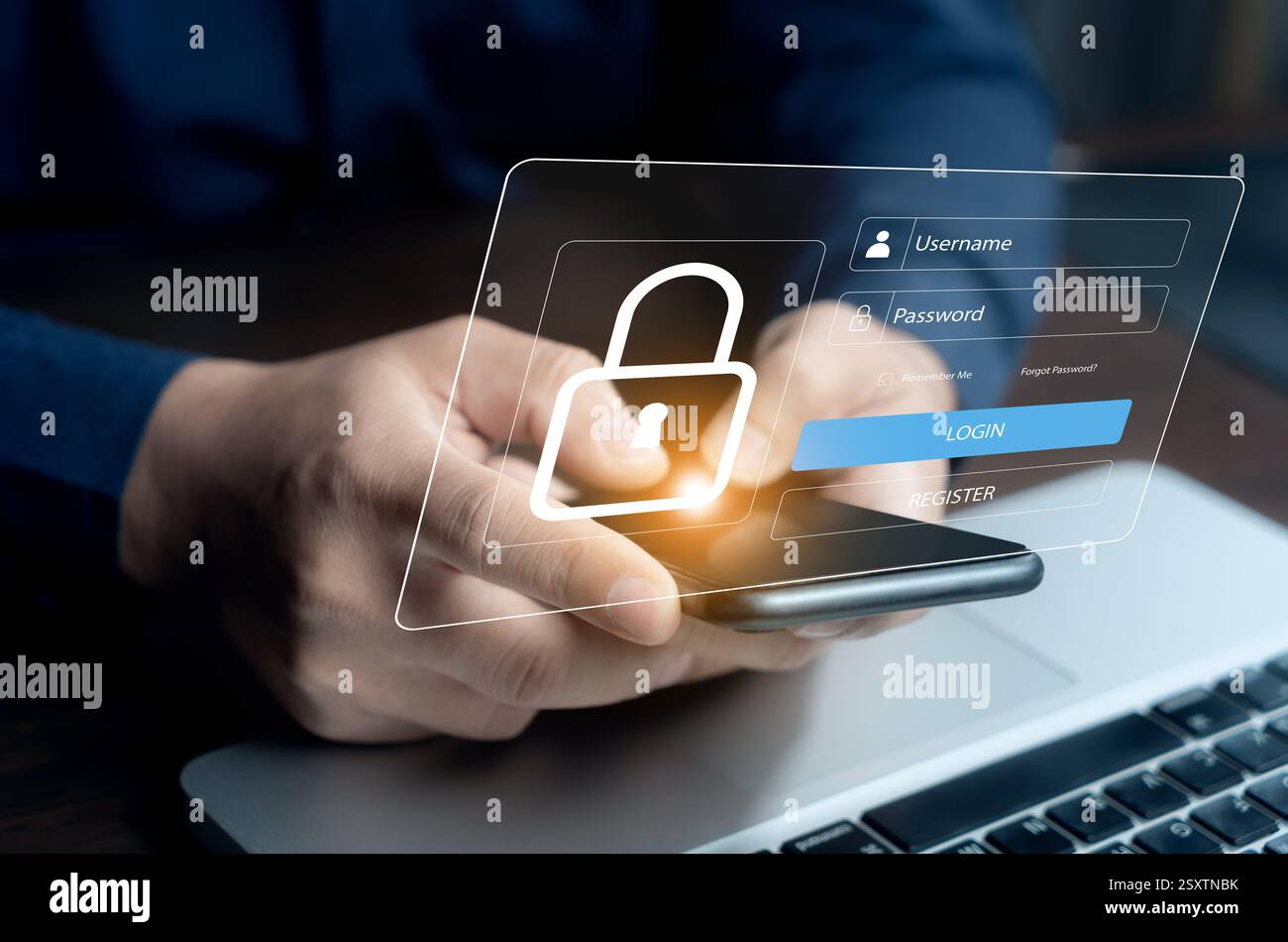 Access the system with a login by username and password on the virtual screen. Cybersecurity and personal data protection. information security, data Stock Photo