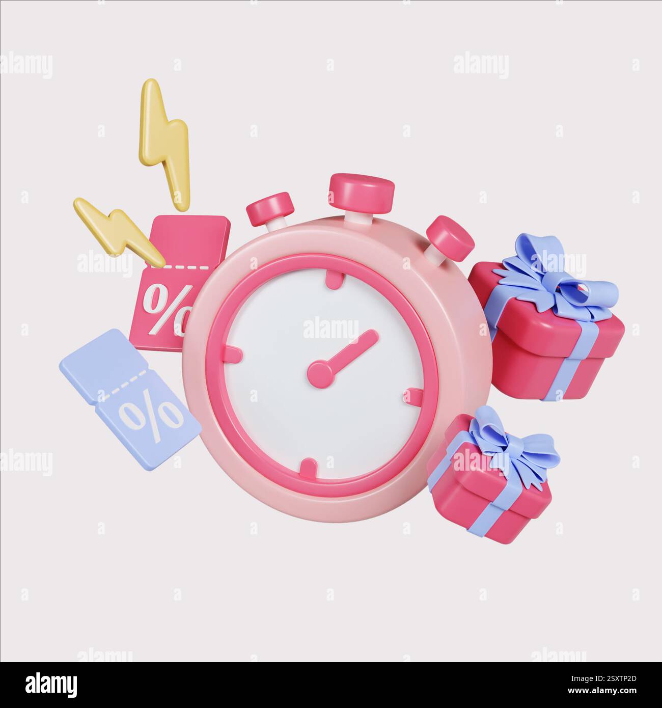 Dynamic stopwatch with gifts and discount labels, 3D render ...