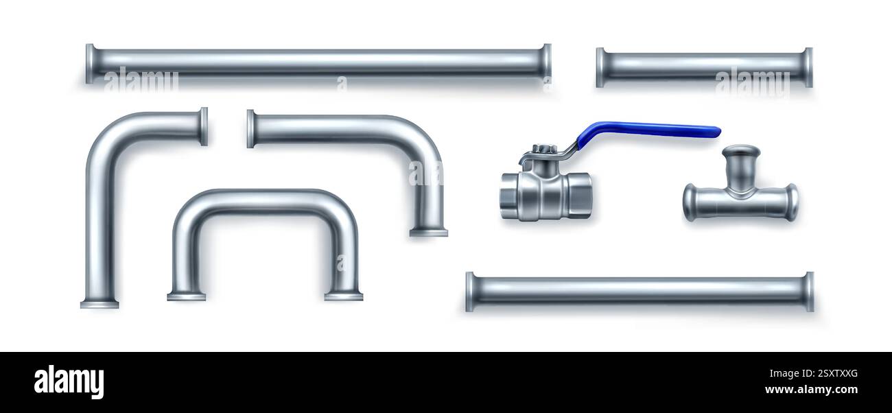 Metallic plumbing pipes and fittings set - straight segments, curved sections, ball valve with blue handle, tee connector. Realistic 3d chrome elements of water supply system for construction design. Stock Vector