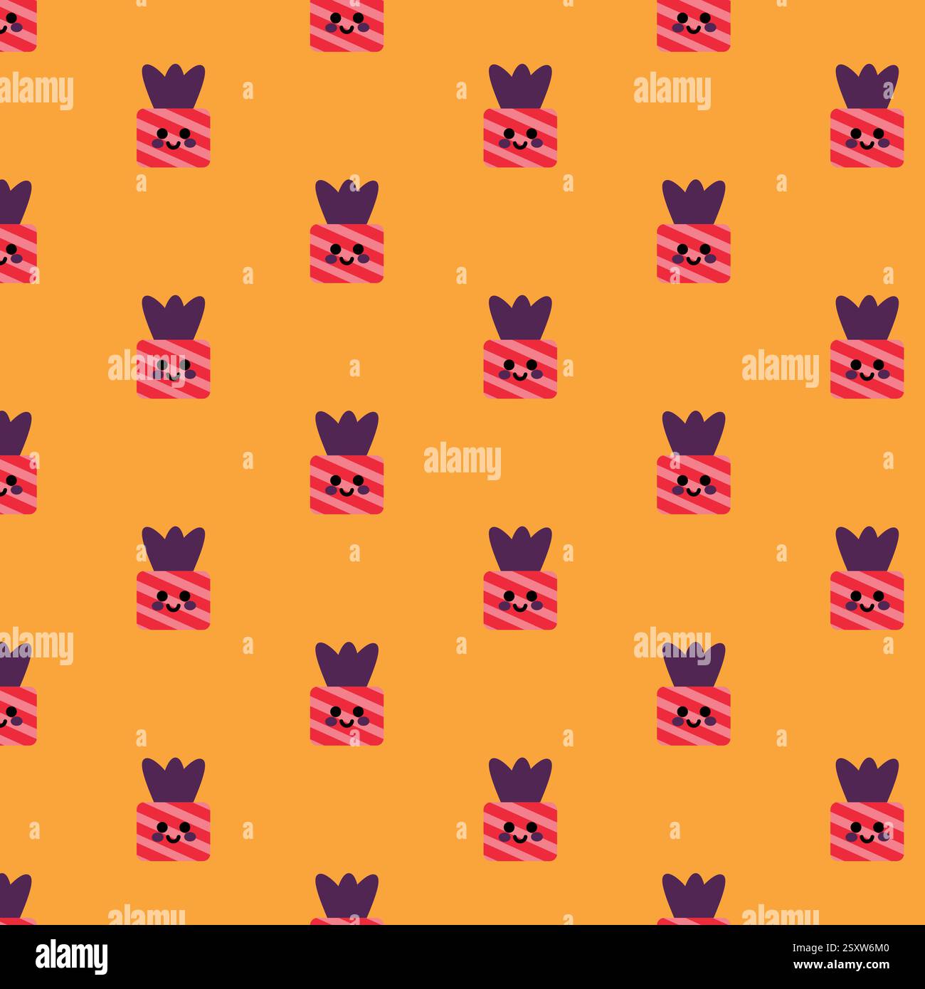 Seamless Pattern Featuring Cute Striped Boxes With Happy Faces on Orange Background Stock Vector
