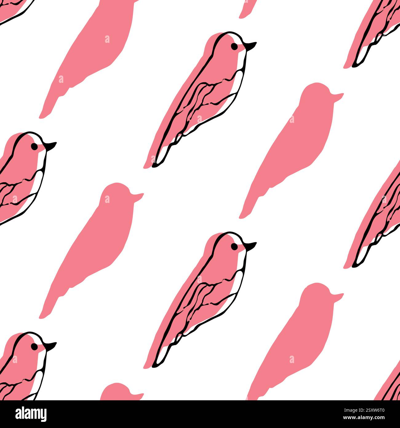 Pink Bird Pattern Seamless Pattern of Stylized Pink Birds With Outline Details on White ...