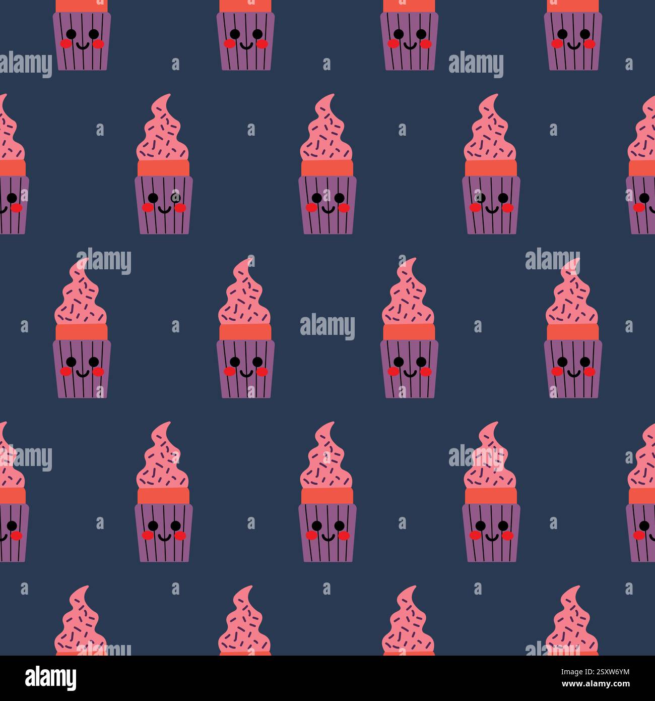 Seamless Pattern of Smiling Cupcake With Blue Background Stock Vector