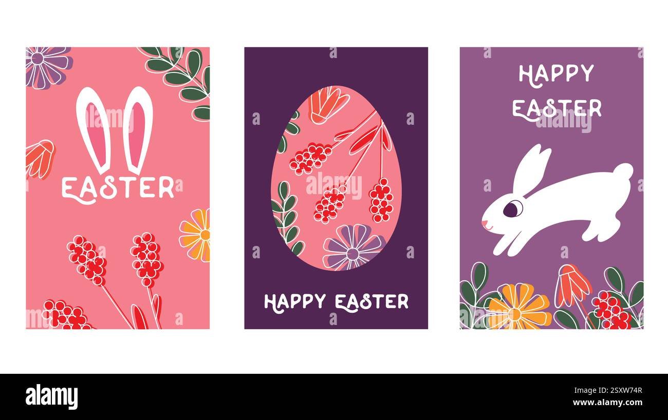 Set of Colorful Easter Cards Featuring Bunny, Eggs, and Floral Designs Stock Vector