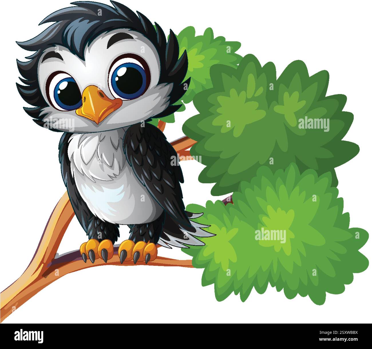 Adorable bird perched on a leafy branch Stock Vector