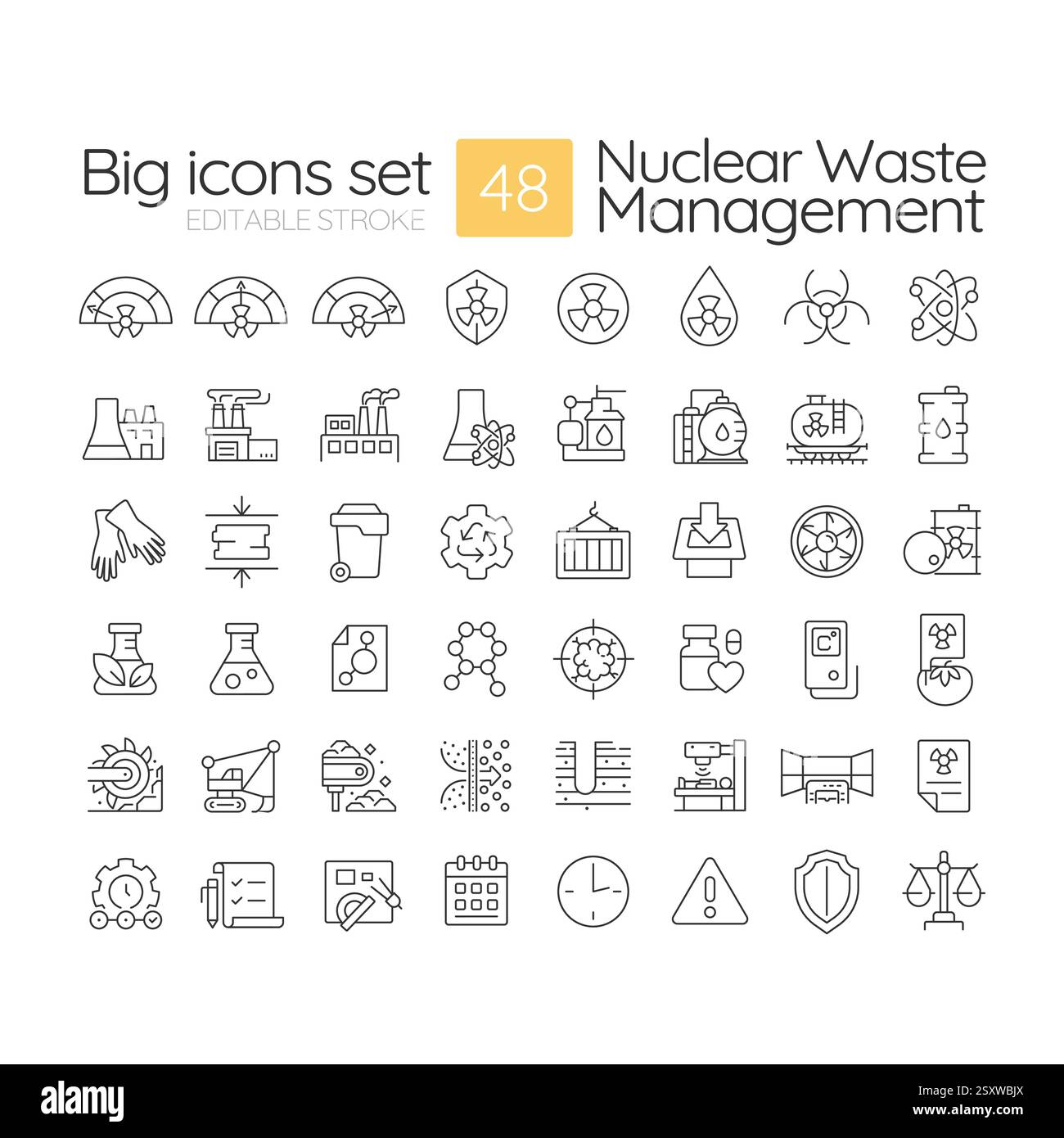 Nuclear waste management linear icons set Stock Vector