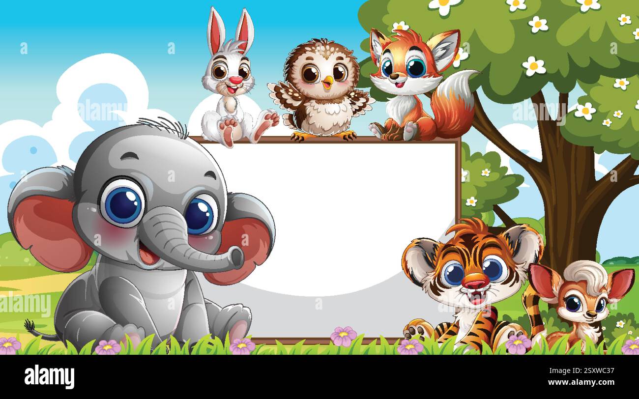 Adorable animals with a blank sign in nature Stock Vector Image & Art ...