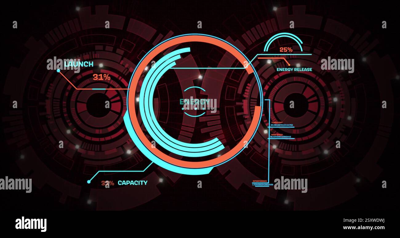 Image of energy, launch interface processing over circular scanners on dark background Stock Photo