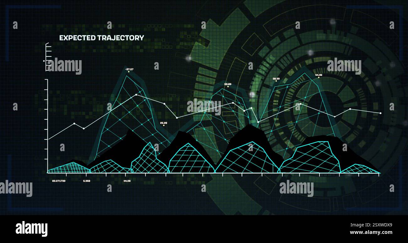 Image of expected trajectory graph over circular scanner processing on black background Stock Photo