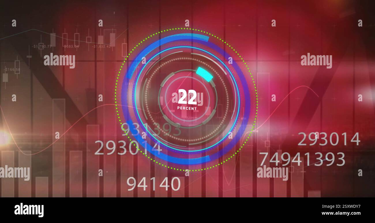Image of scope scanning and data processing over shapes on red background Stock Photo