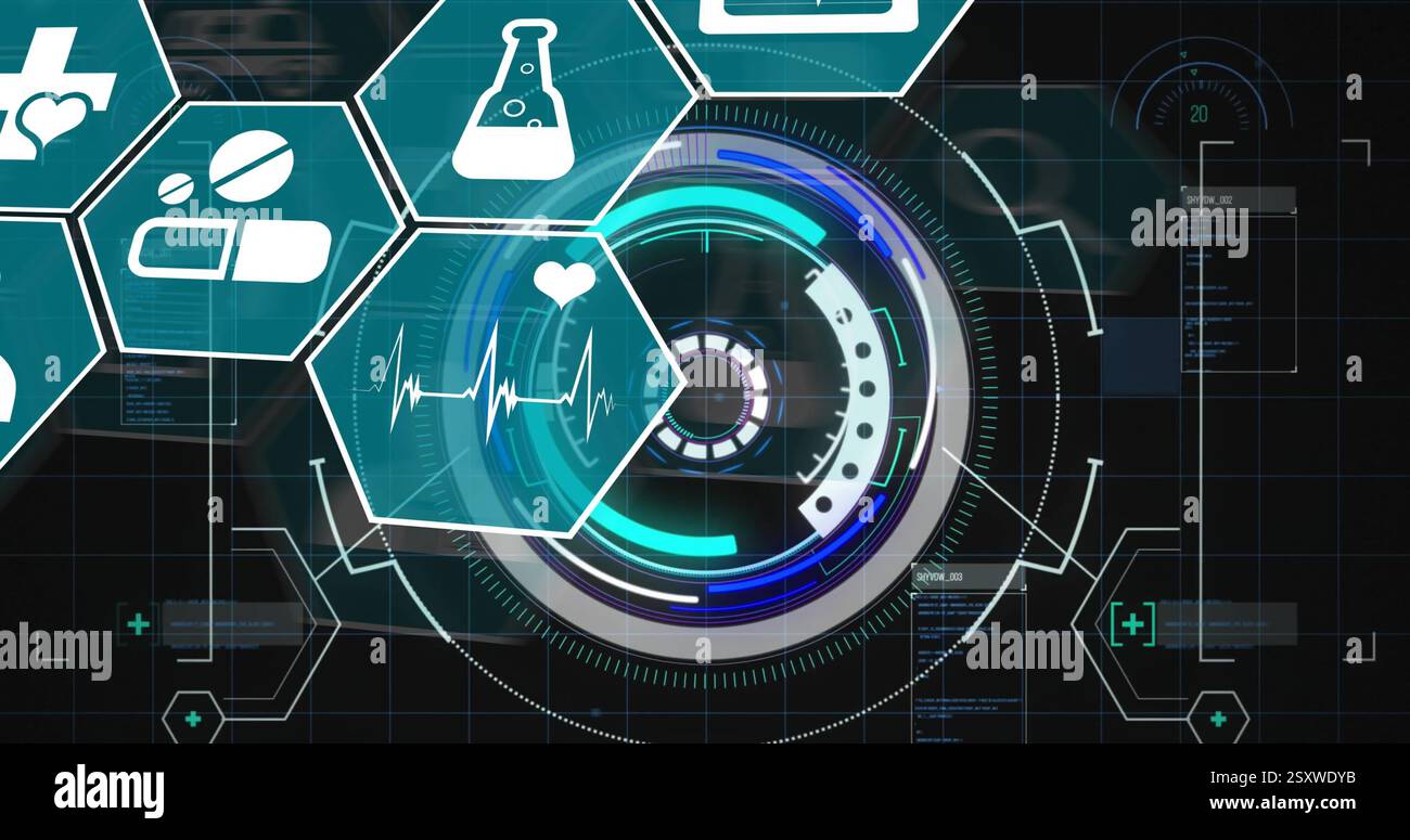 Image of medical icons over scope scanning and data processing on black ...