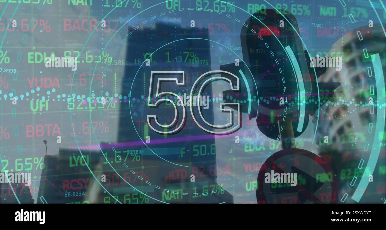 Image of 5g text and financial data processing over cityscape Stock Photo