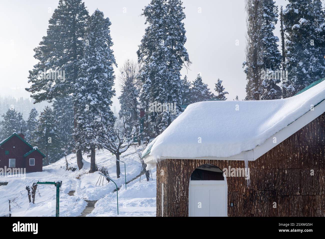 wooden cabins covered in snow with pine deodar trees surrounding it and the Himalaya mountains peeking out of the fog in the distance in Gulmarg Stock Photo