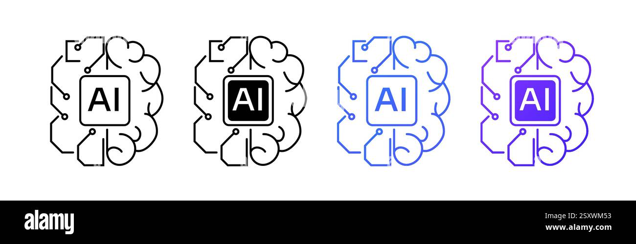 Brain shaped AI logo with circuits for futuristic technology. Stock Vector
