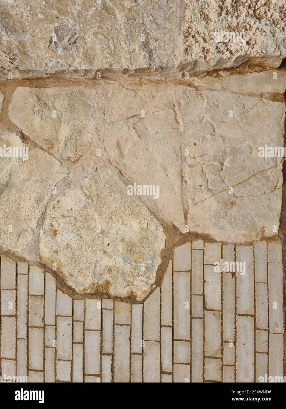 Top-Down Lime Stone Paving Mock-Up with Rectangular Edge Stones in Riyadh - Smartphone Captured Stock Image