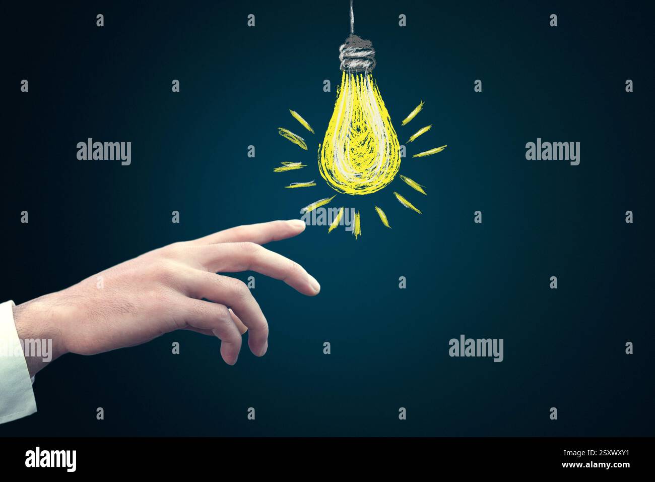 businessman pressing button with idea on virtual screens Stock Photo